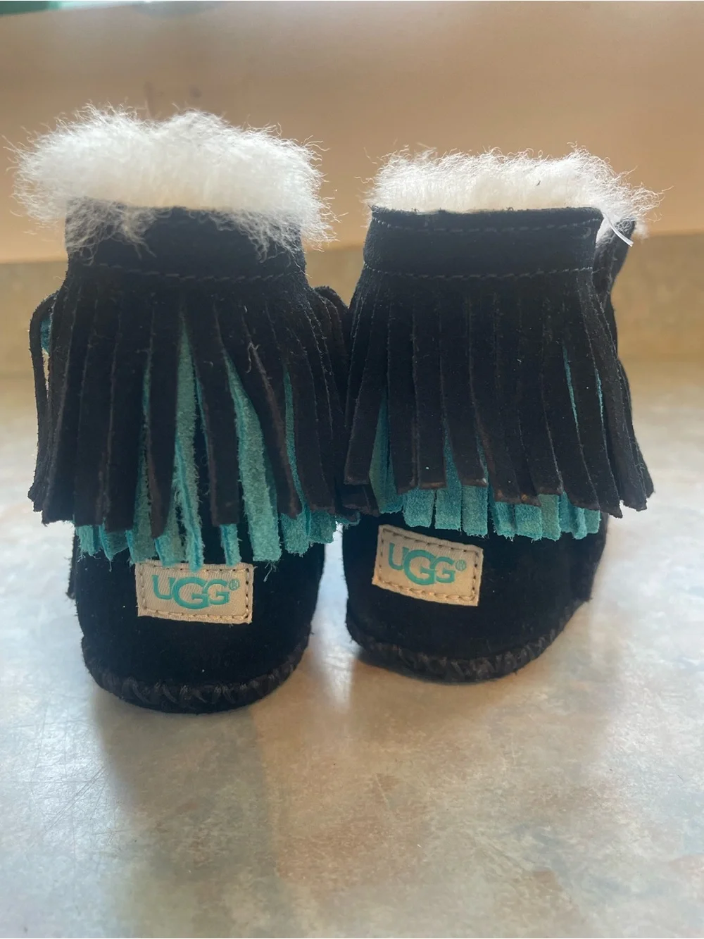 UGG Black Suede Kids Fringe Boots with Teal Accents
